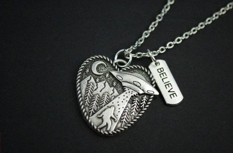 Heart Believe UFO Hovering Over Bigfoot In Forest Necklace