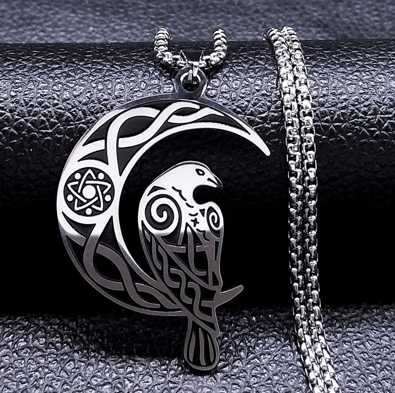 Wiccan Norse Raven Crescent Moon Amulet Necklace