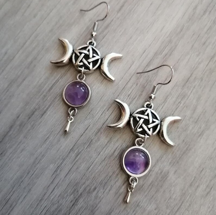 Crescent Moon Pentagram Dangle Earrings (Rose or Purple)