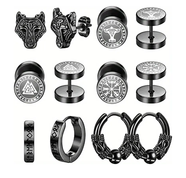 Norse Viking Earring Set (6 pairs) Black or Silver