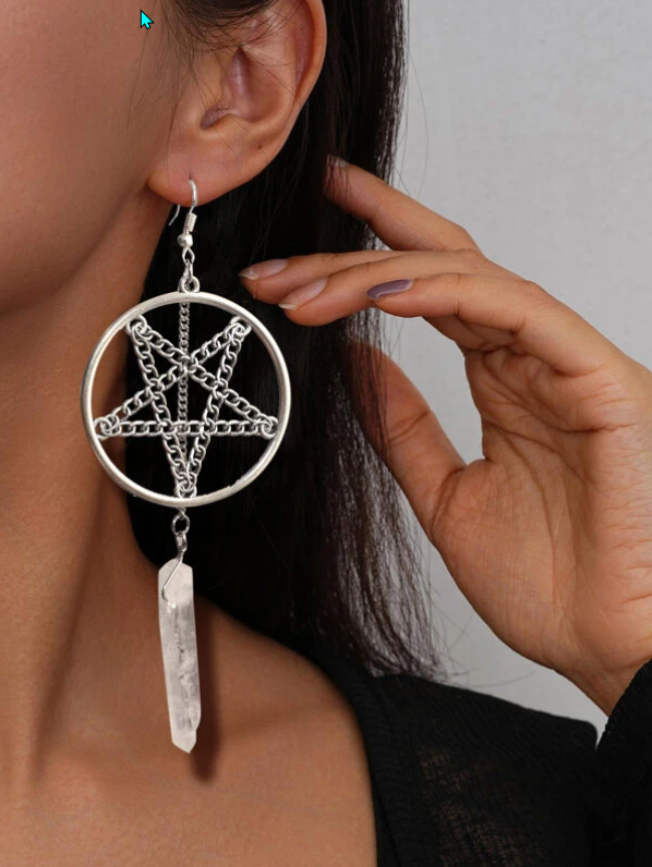 Crystal Hoop Witch Pentagram Dangle Earrings