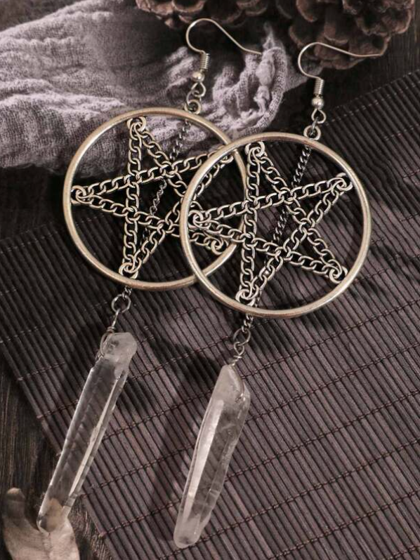Crystal Hoop Witch Pentagram Dangle Earrings