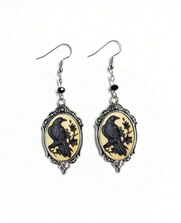 Vintage Witchy Perched Raven Earrings