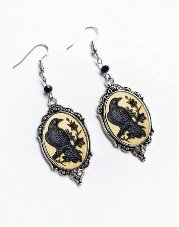 Vintage Witchy Perched Raven Earrings