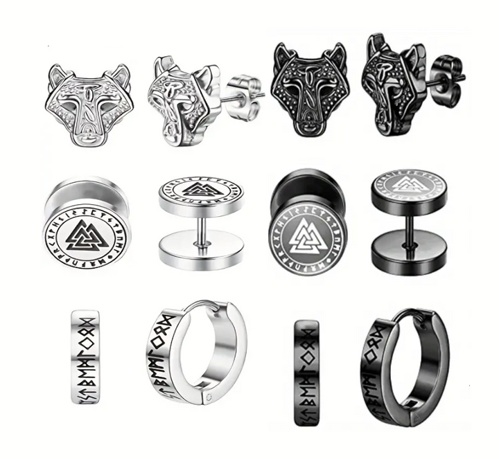 Norse Viking Earring Set (6 pairs) Black or Silver