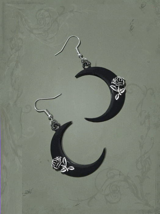 Goth Black Crescent Moon Rose Earrings