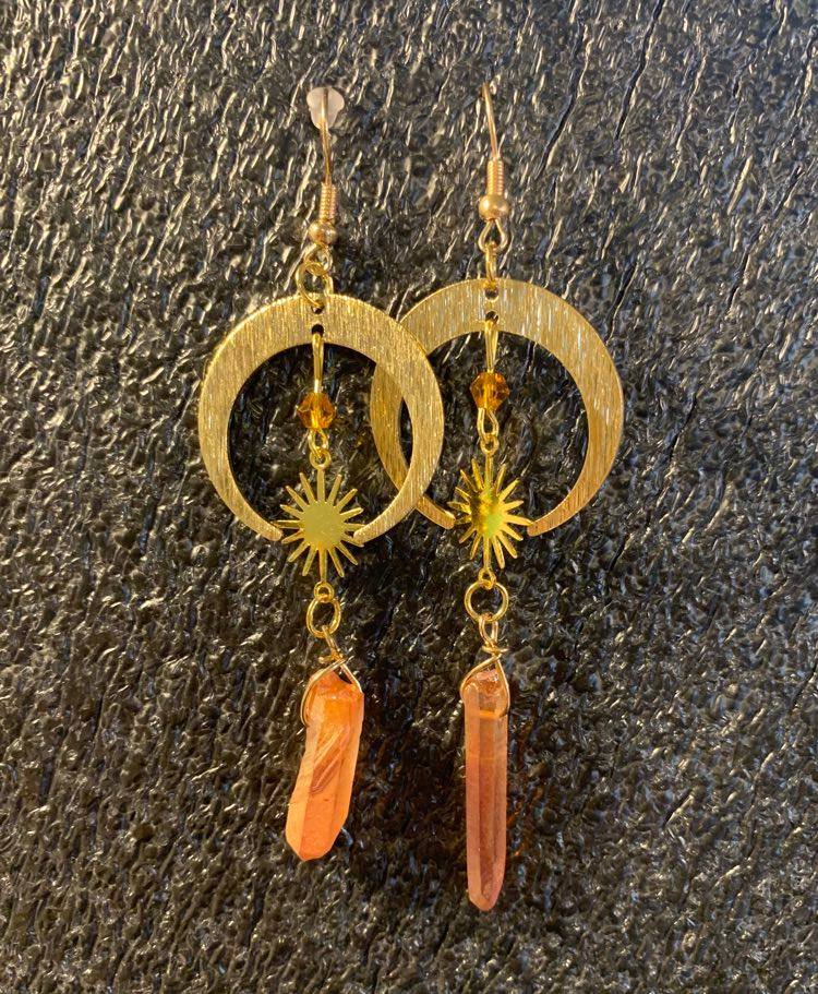 Witchy Quartz Earrings, Celestial Moon and Sunburst Gold