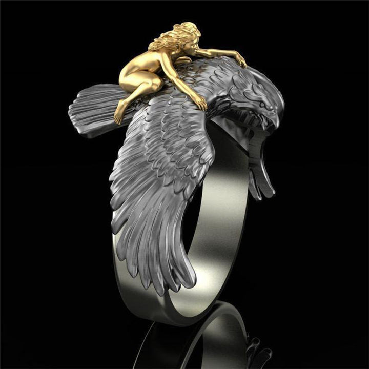 Nude Gold Girl Flying on The Eagle Wedding Ring