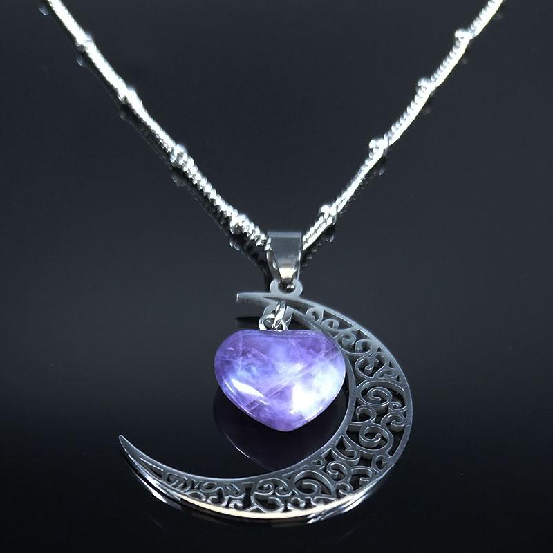 19.5" Purple Crystal Heart and Crescent Moon Necklace