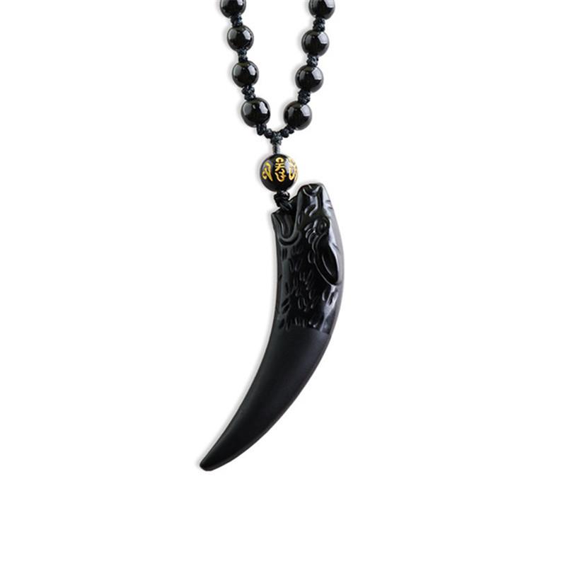 Beaded Black Obsidian Carved Wolf-Head Necklace