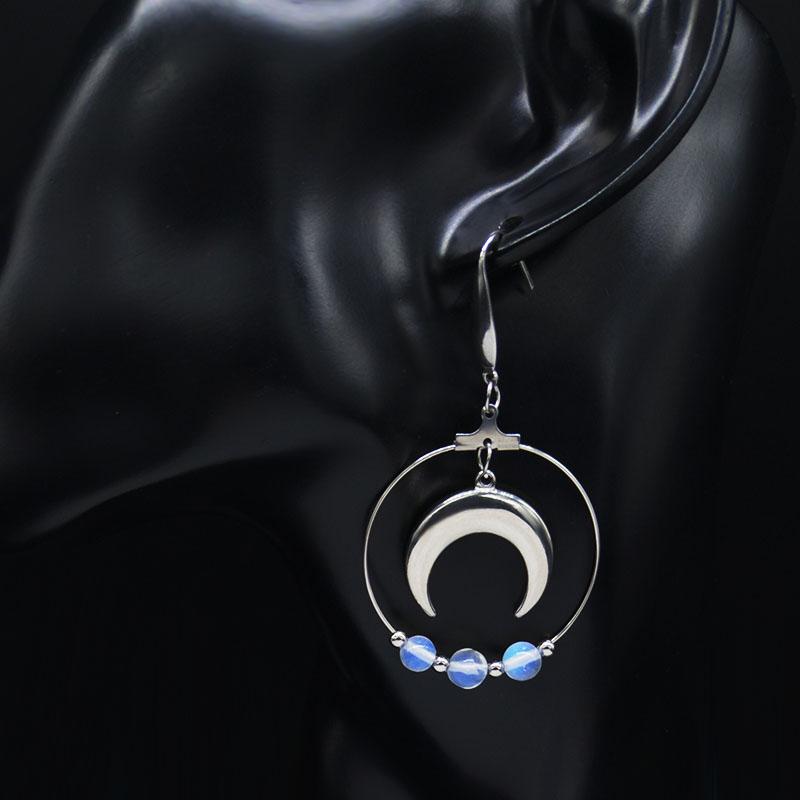 Moon Opal Stainless Steel Earrings with Moon Crescent