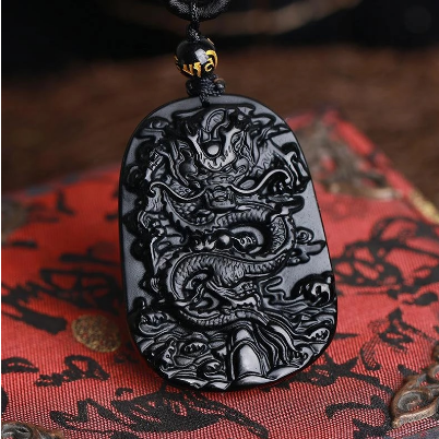 Natural Obsidian Drangon Pendant Rope Necklace