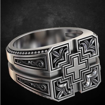 925 Vintage Thai Silver Carved Christian Cross Ring