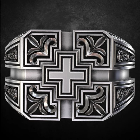 925 Vintage Thai Silver Carved Christian Cross Ring