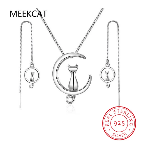 Mystic Cat on Crescent Moon Earring / Necklace Set 925 Sterling Silver - 2