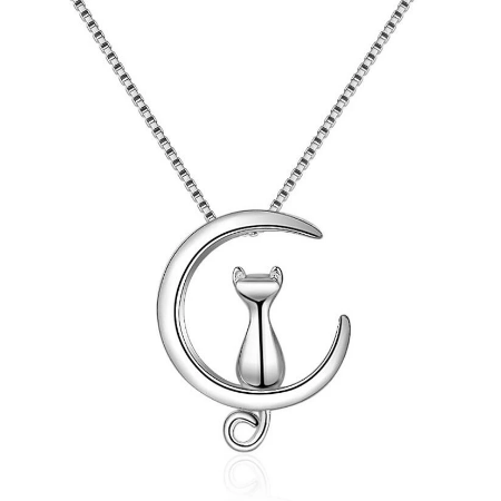 Mystic Cat on Crescent Moon Earring / Necklace Set 925 Sterling Silver - 2