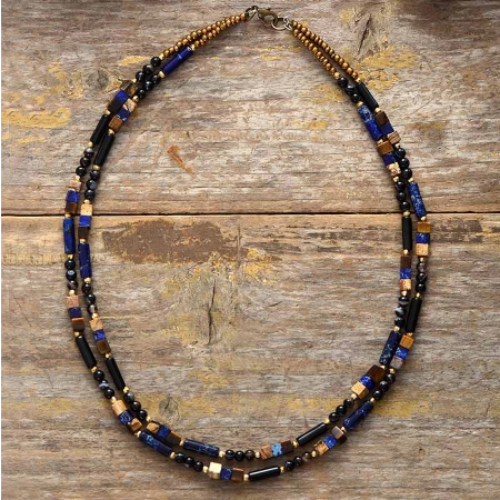 Dual Band Semi-Precious Stone 18" Necklace/Choker (Dark Blue)
