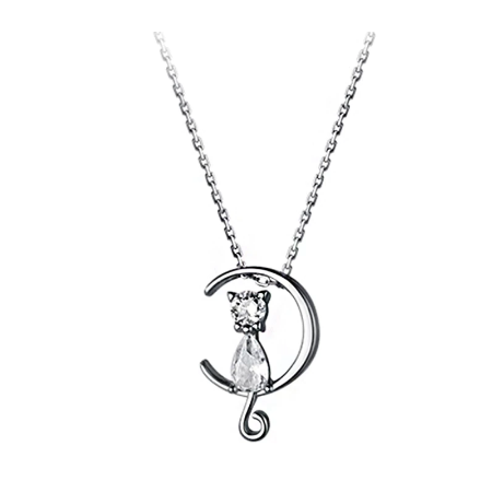 CZ Zircon Exquisite Moon and Cat Necklace Real 925 Sterling Silver