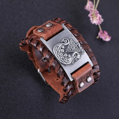 Viking Dragon Ship Leather Bracelet (Brown)