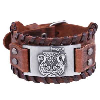 Viking Dragon Ship Leather Bracelet (Brown)