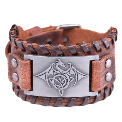 Viking Winged Dragon Leather Bracelet (Black or Brown)