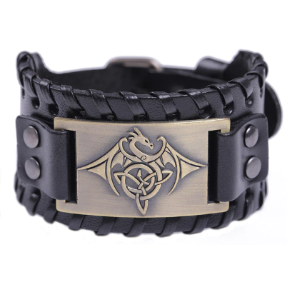 Viking Winged Dragon Leather Bracelet (Black or Brown)