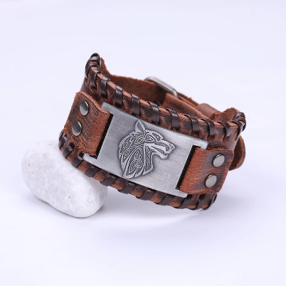 Nordic Wolf Leather Bracelet (Black or Brown)
