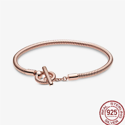 925 Sterling Silver Rose Gold T-Bar Snake Chain Charm Bracelet