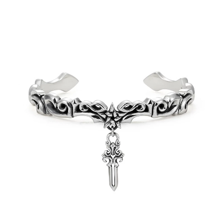 925 Vintage Thai Silver Men's Bracelet, Pentagram & Cross Sword