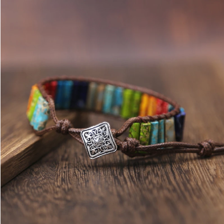 Chakra Multi Color Natural Stone Tube Beads Leather Wrap Bracelet