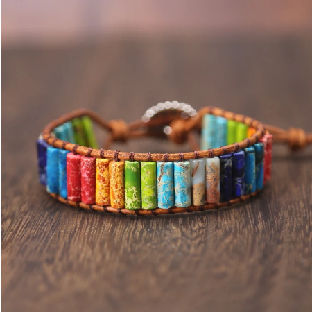 Chakra Multi Color Natural Stone Tube Beads Leather Wrap Bracelet
