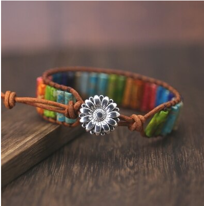 Chakra Multi Color Natural Stone Tube Beads Leather Wrap Bracelet