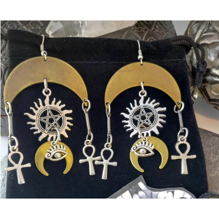 Egyptian Themed Crescent Moon Pentagram Earrings