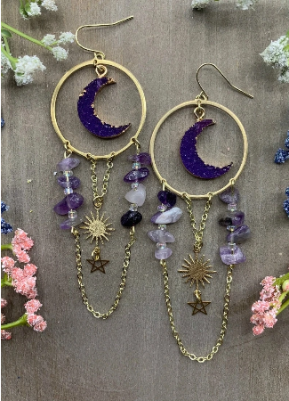 Amethyst Crescent Moon Pentagram Earrings