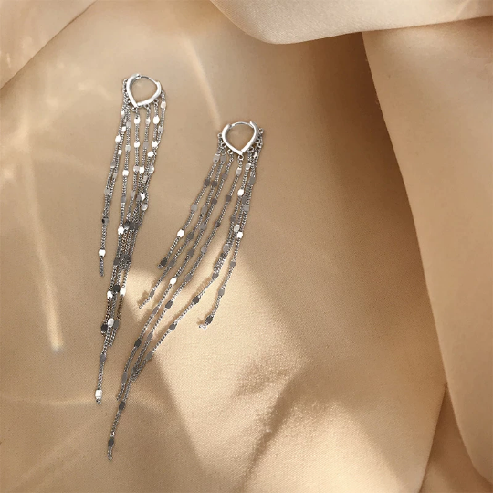 925 Sterling Silver Hand-Made Long Chain Tassel Heart Hoop Earrings