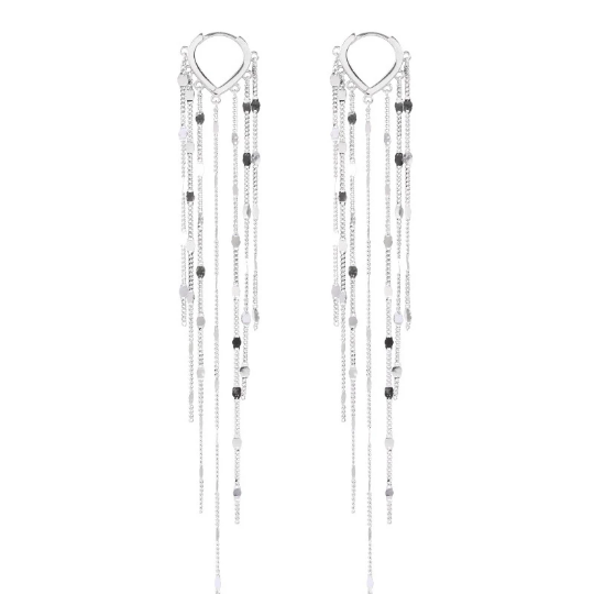 925 Sterling Silver Hand-Made Long Chain Tassel Heart Hoop Earrings