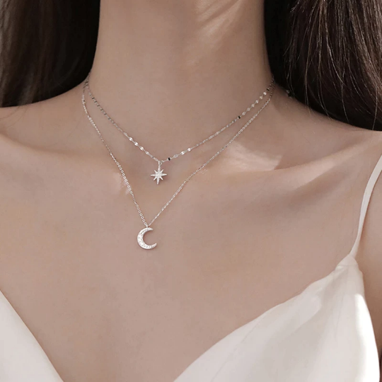 925 Star Crescent Moon Necklace Dual Chain