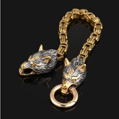 Dual Wolf Head Bracelet Mix Gold Cross Norse Amulet Pendant