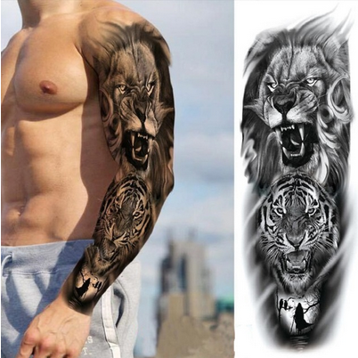 Lion Tiger Reaper Full Arm Henna Temporary Tattoo