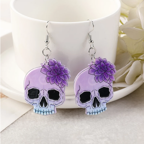 Acrylic Day of Dead Purple Skull Earrings
