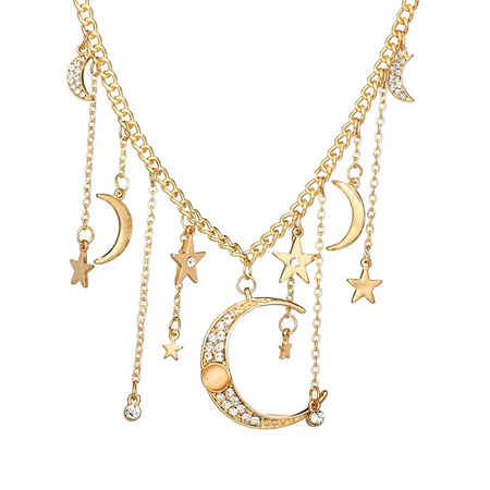 Vintage Bohemian Tassel Crystal Moon Stars Necklace