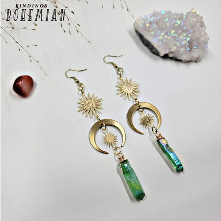 Witchy Celestial Green Aura Quartz Crystal Earrings