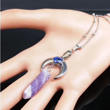 Crescent Moon Amethyst Wand 19.5" Stainless Steel Necklace
