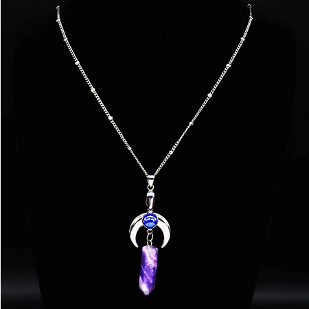 Crescent Moon Amethyst Wand 19.5" Stainless Steel Necklace