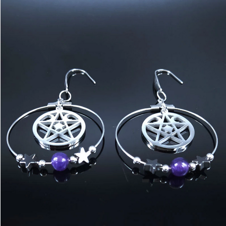 Wicca Triple Moon Pentacle SS Hoop Earrings