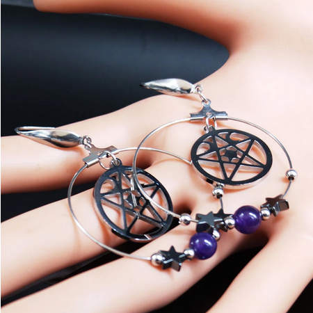 Wicca Triple Moon Pentacle SS Hoop Earrings