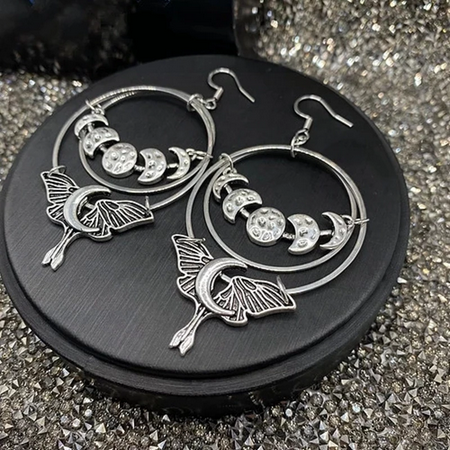 Luna Moth Moon-Phase Tibetan Silver Dual Hoop Earrings