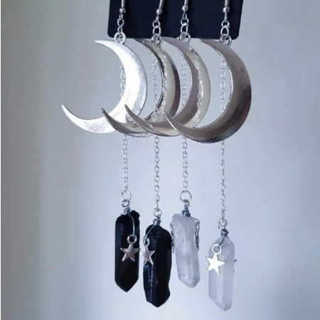 White and Black Quartz Crystal Aura Witchy Crescent Moon Goth Earrings