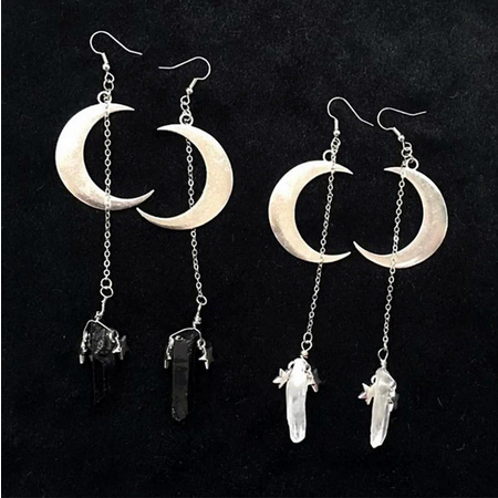 White and Black Quartz Crystal Aura Witchy Crescent Moon Goth Earrings
