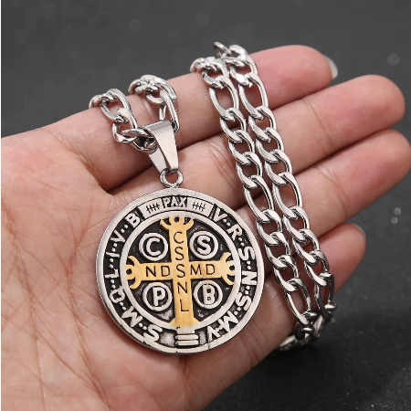 23.5" St. Benedict Silver/Gold Exorcism Medallion Necklace